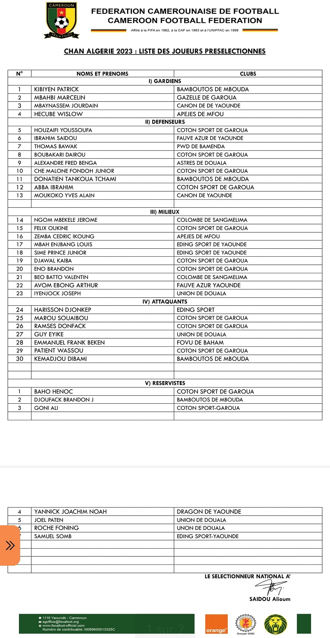 Liste des présélectionné pour le CHAN ALGERIE 2023