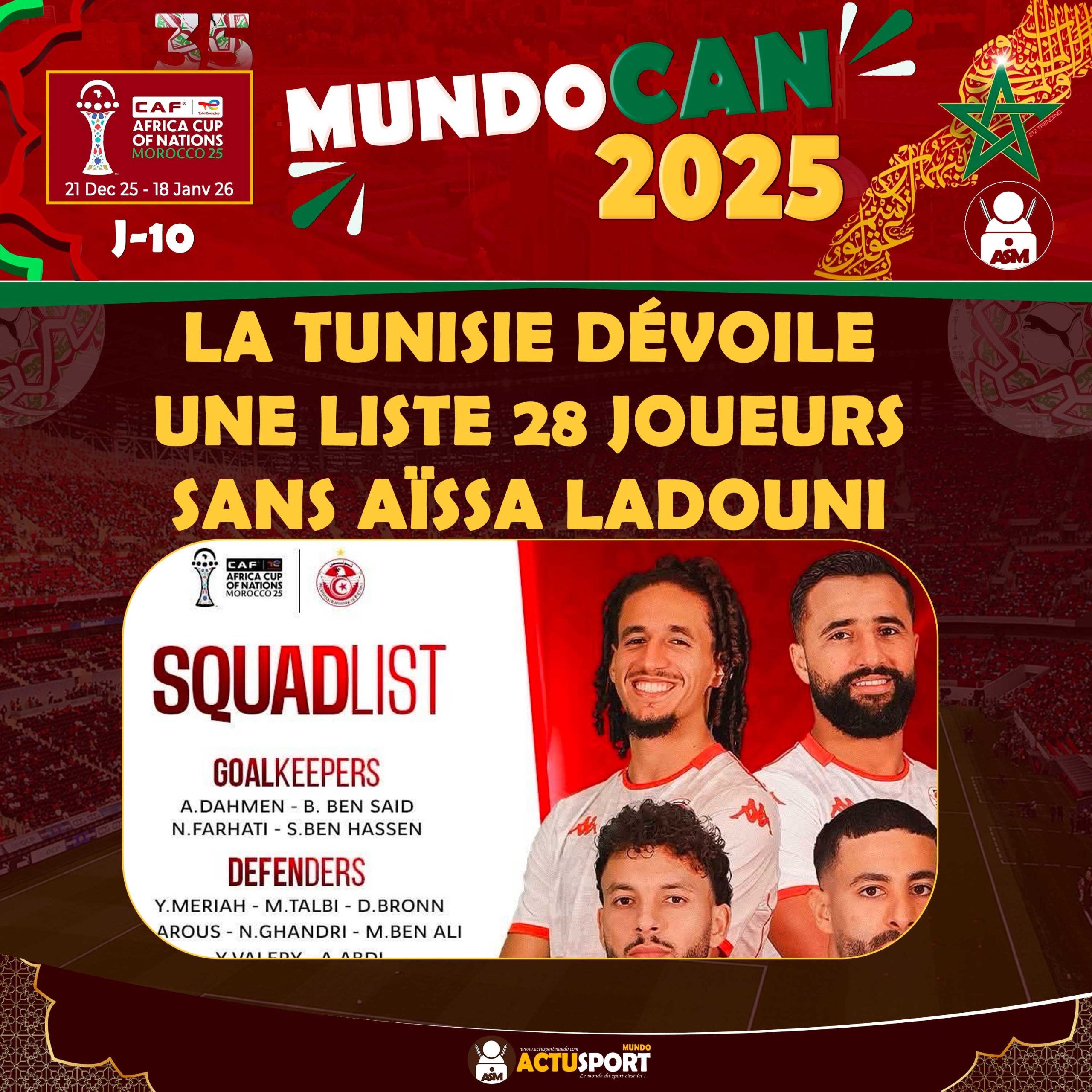 CAN 2025 : La Tunisie dévoile une liste 28 joueurs sans Aïssa Ladouni