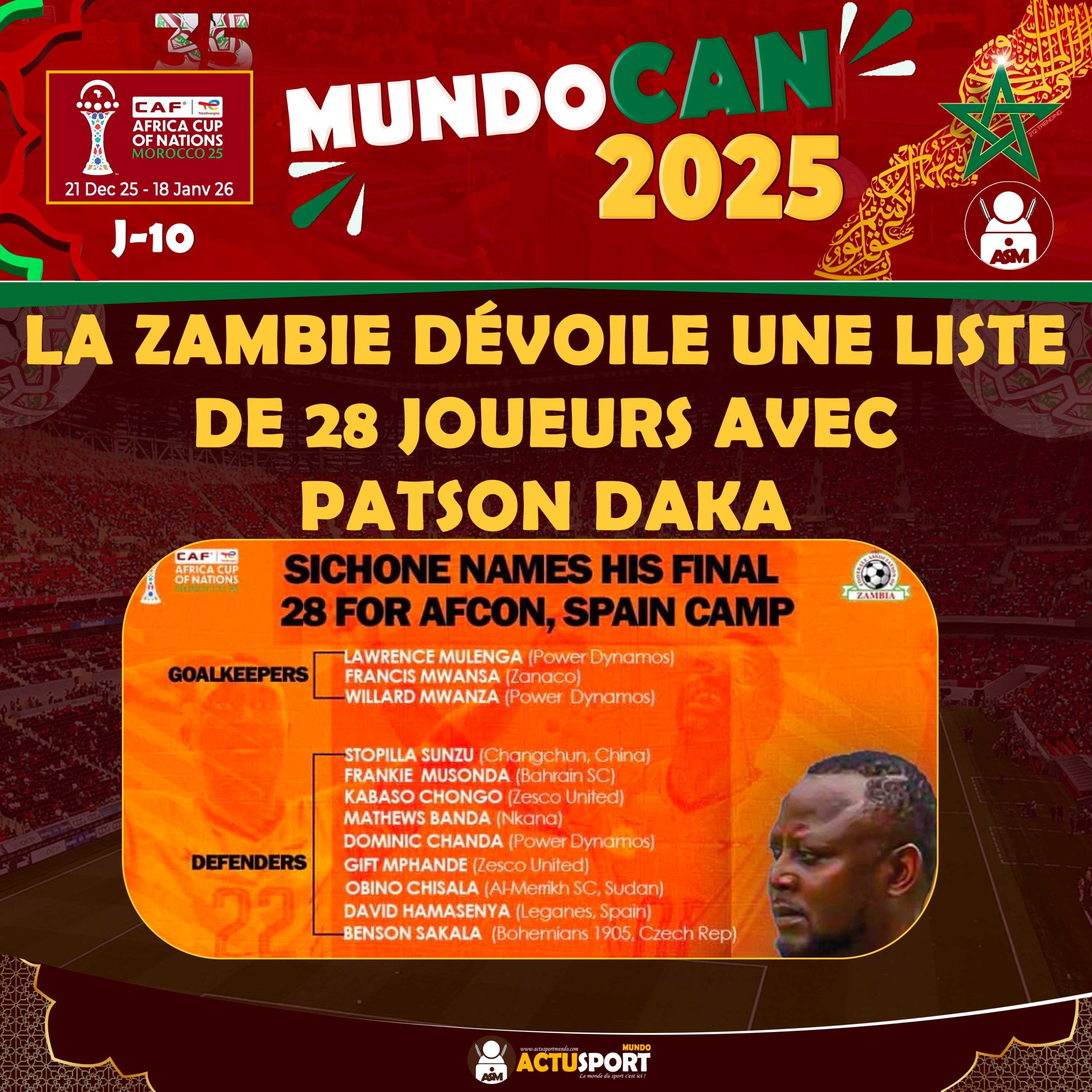 CAN 2025 : La Zambie dévoile une liste de 28 joueurs avec Patson Daka