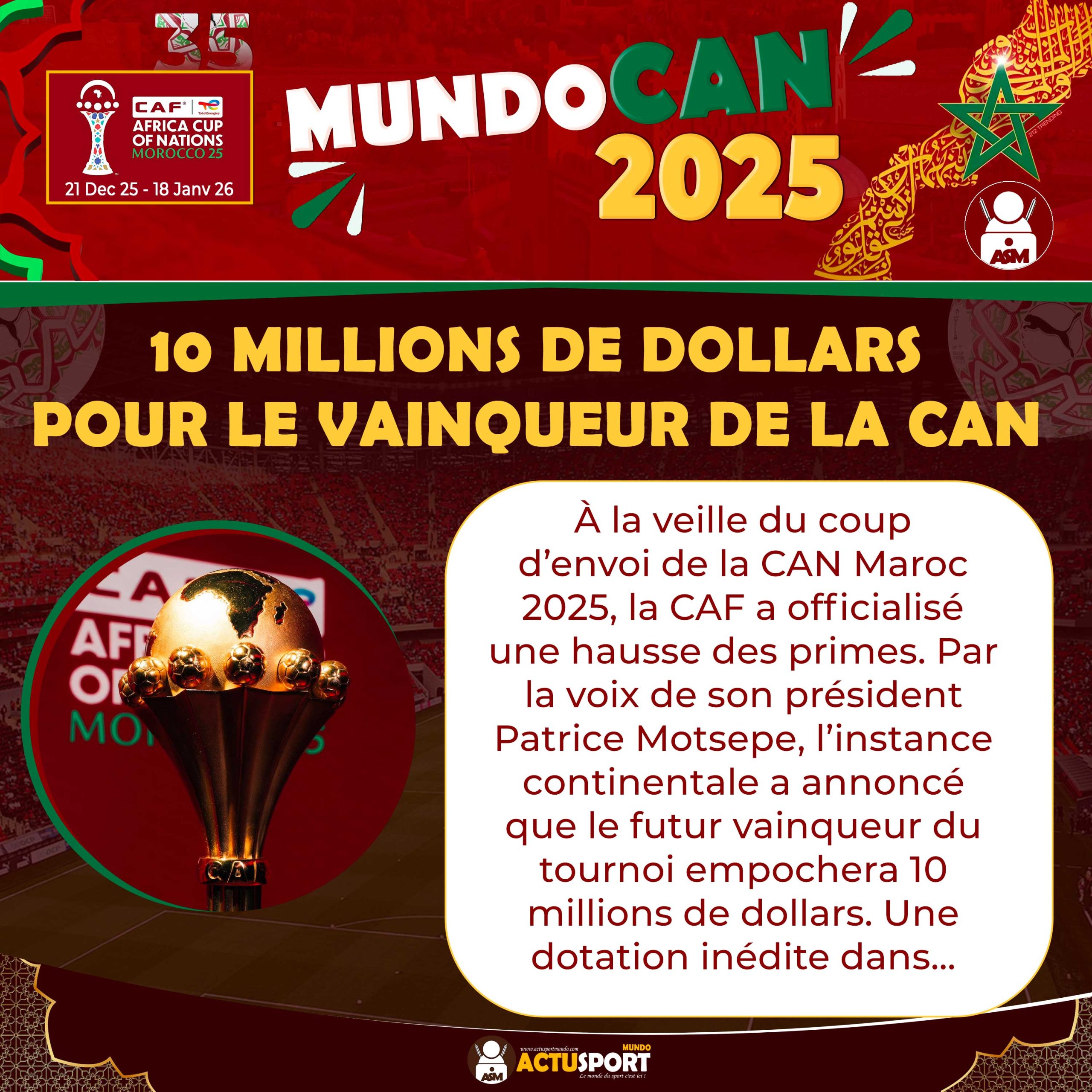 CAN 2025 - Maroc : 10 millions de dollars pour le vainqueur de la CAN