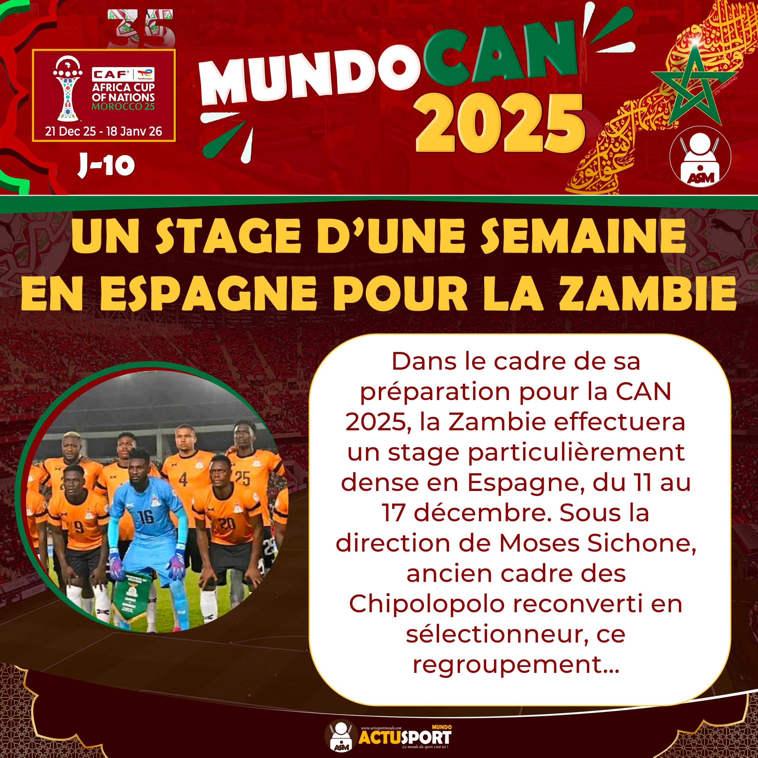 CAN 2025 : Un stage d’une semaine en Espagne pour la Zambie