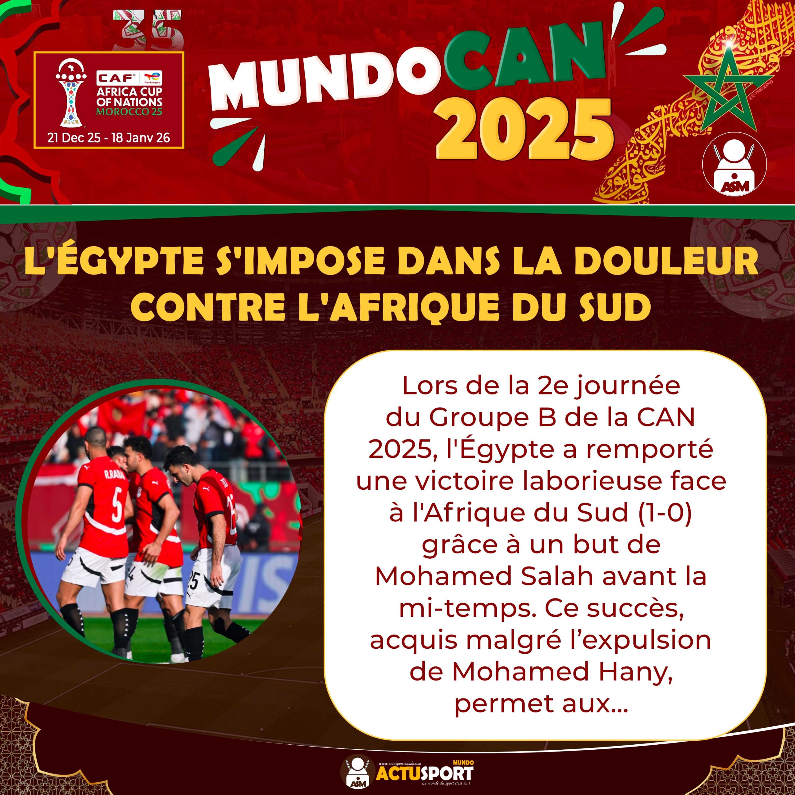 CAN 2025 : l'Égypte s'impose dans la douleur contre l'Afrique du Sud