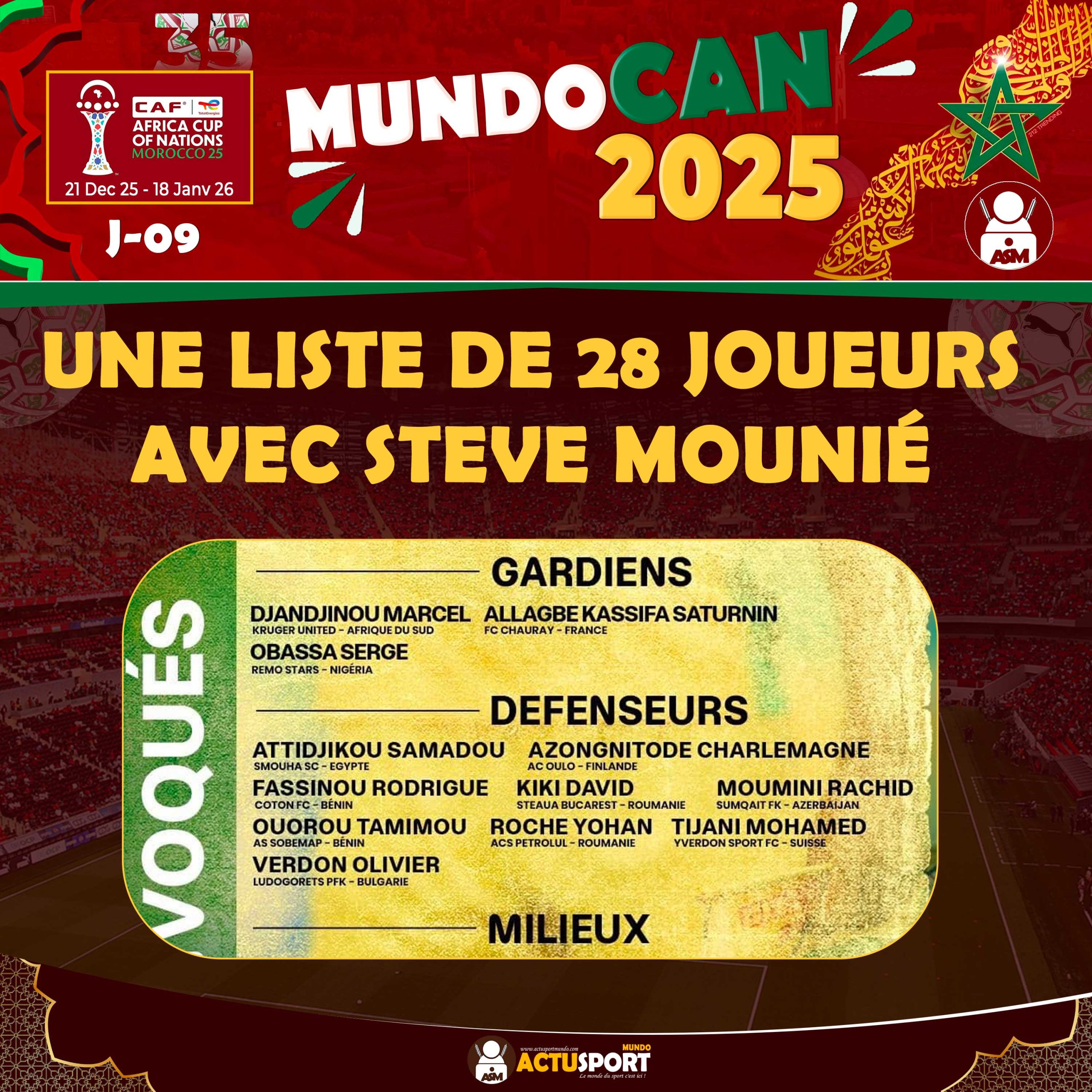 CAN 2025 – Bénin : Une liste de 28 joueurs avec Steve Mounié