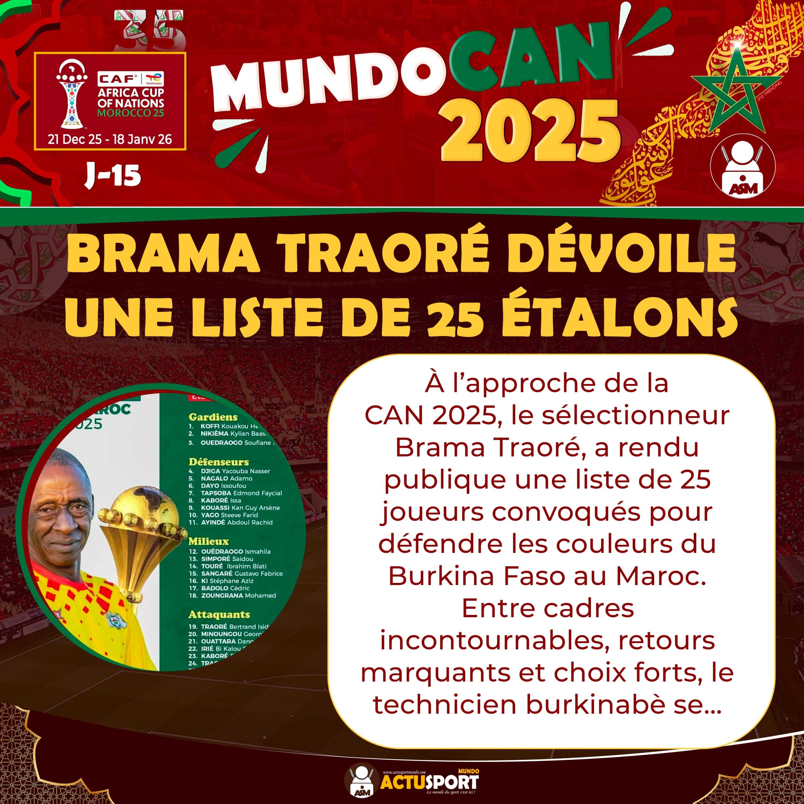 CAN 2025 – Burkina Faso : Brama Traoré dévoile une liste de 25 Étalons