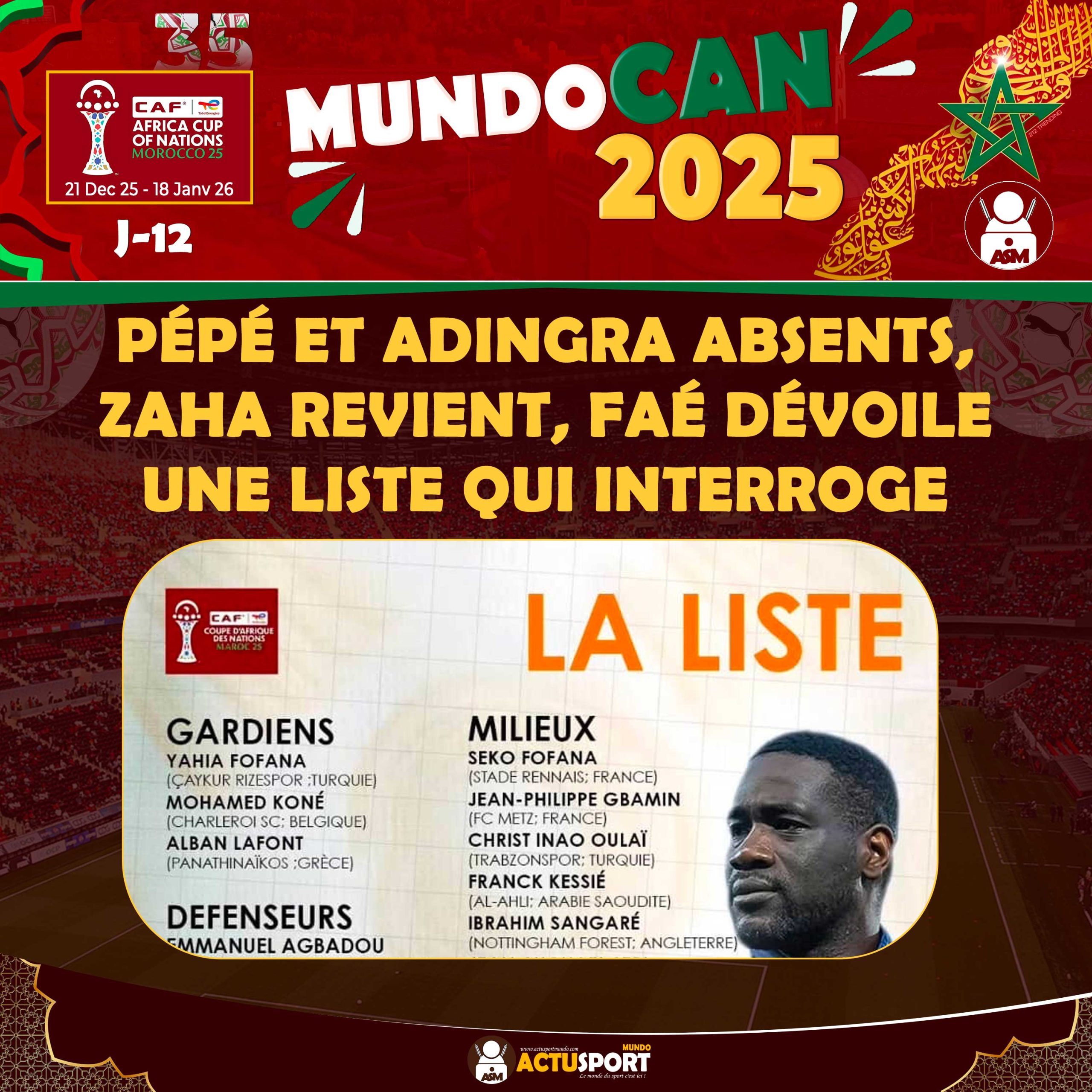 CAN 2025 – Côte d’Ivoire : Pépé et Adingra absents, Zaha revient, Faé dévoile une liste qui interroge