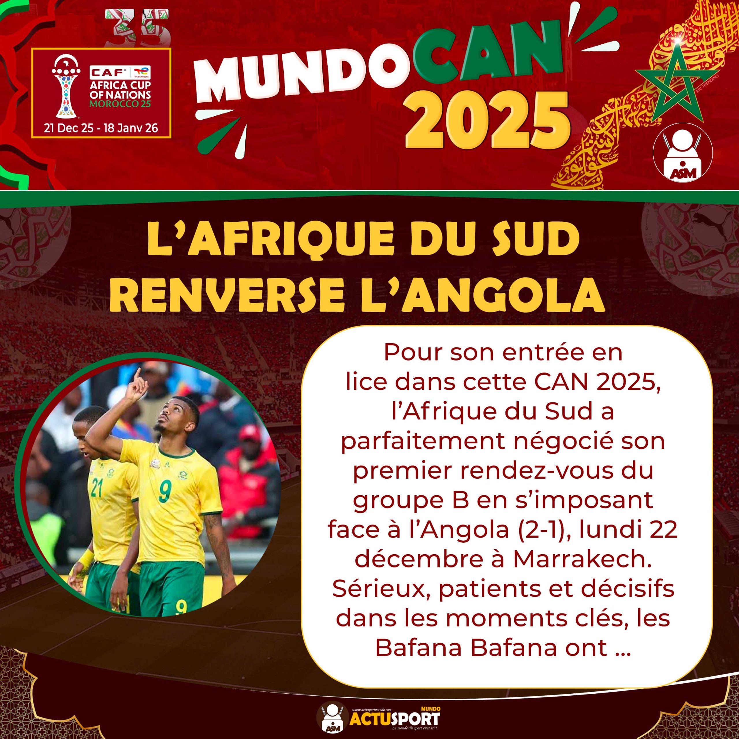 CAN 2025 – Groupe B : l’Afrique du Sud renverse l’Angola
