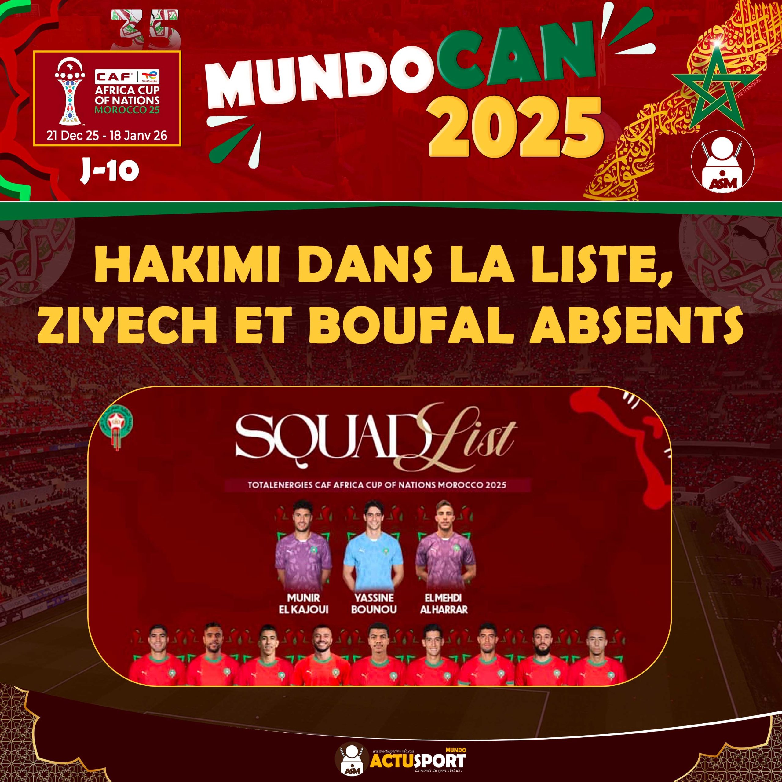 CAN 2025 – Maroc : Hakimi dans la liste, Ziyech et Boufal absents