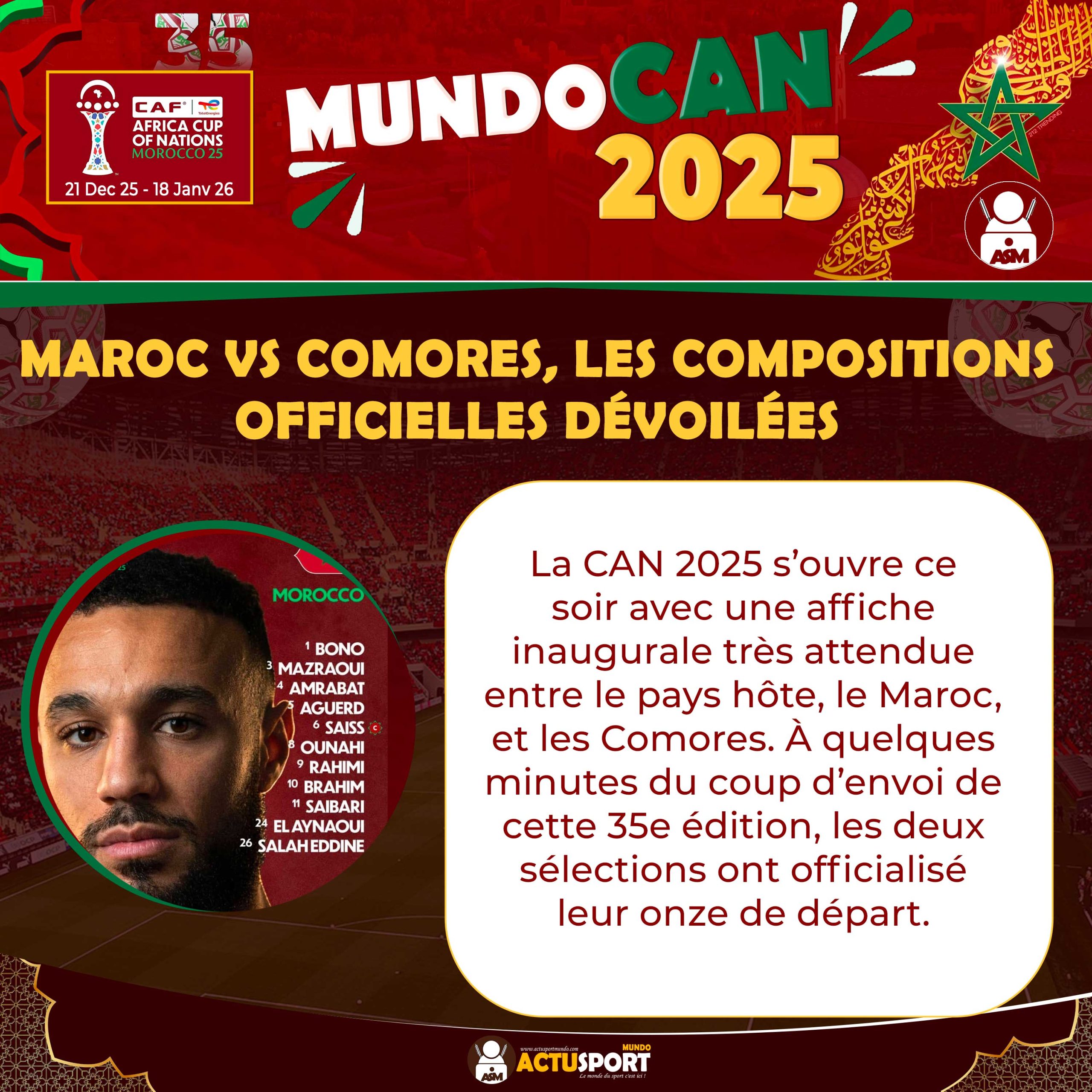 CAN 2025 – Match d’ouverture : Maroc vs Comores, les compositions officielles dévoilées