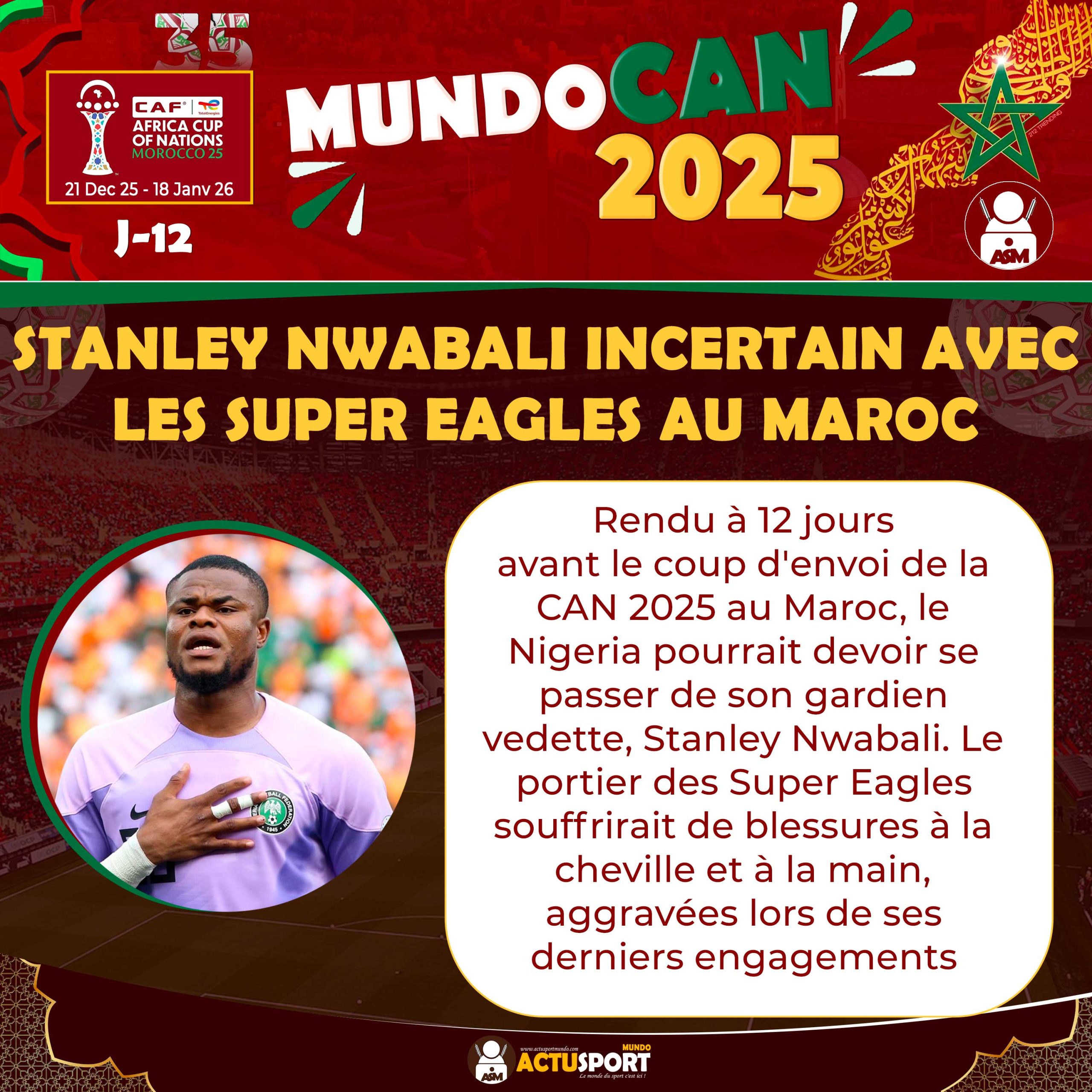 CAN 2025 – Nigeria : Stanley Nwabali incertain avec les Super Eagles au Maroc