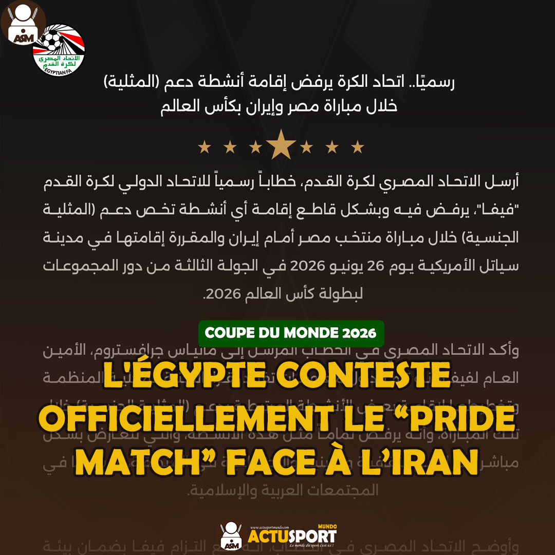 COUPE DU MONDE 2026 : L'Égypte conteste officiellement le “Pride Match” face à l’Iran