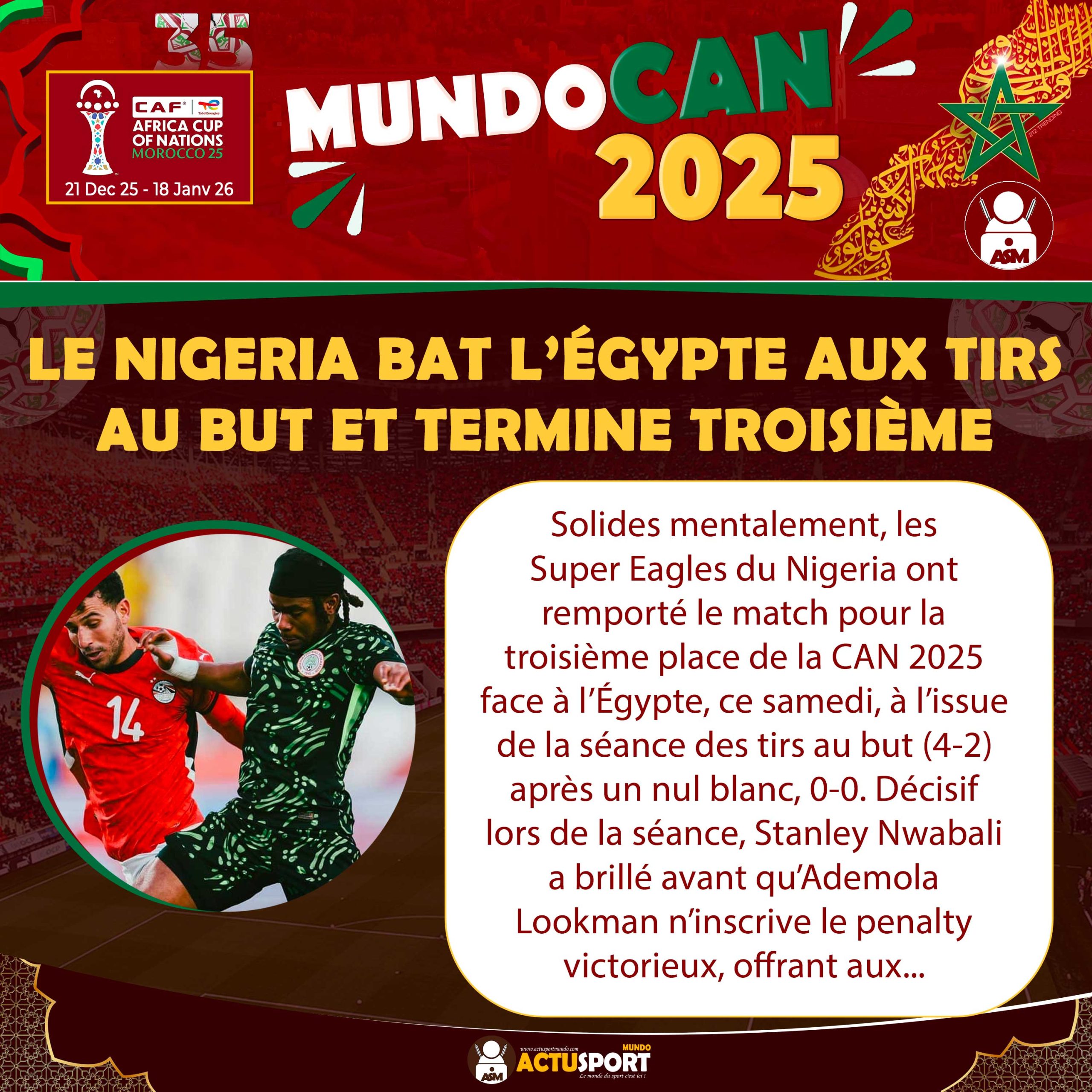 CAN 2025 : Le Nigeria bat l’Égypte aux tirs au but et termine troisième