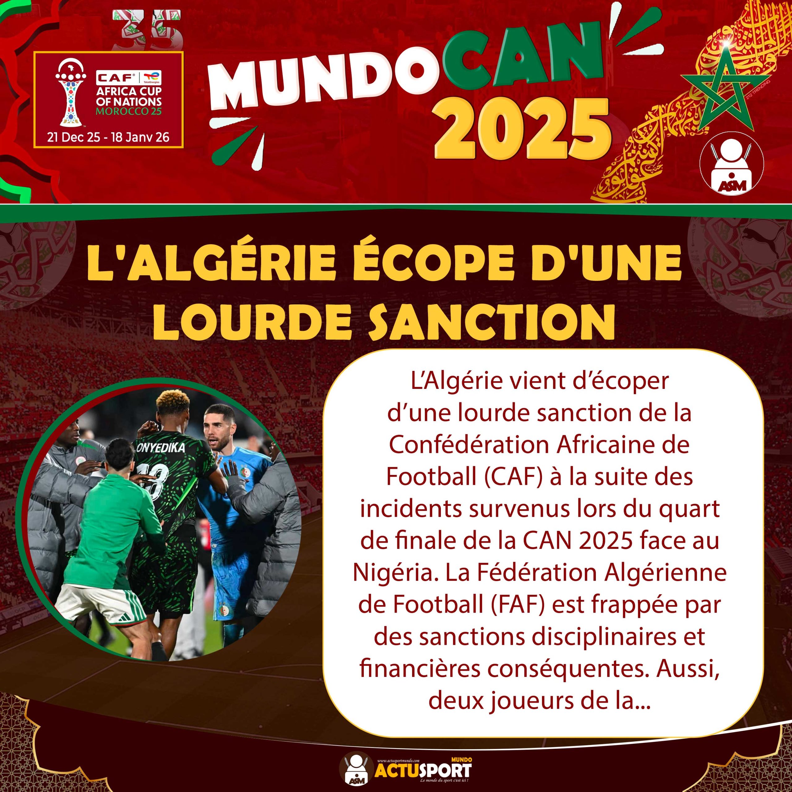 CAN 2025 : l'Algérie écope d'une lourde sanction