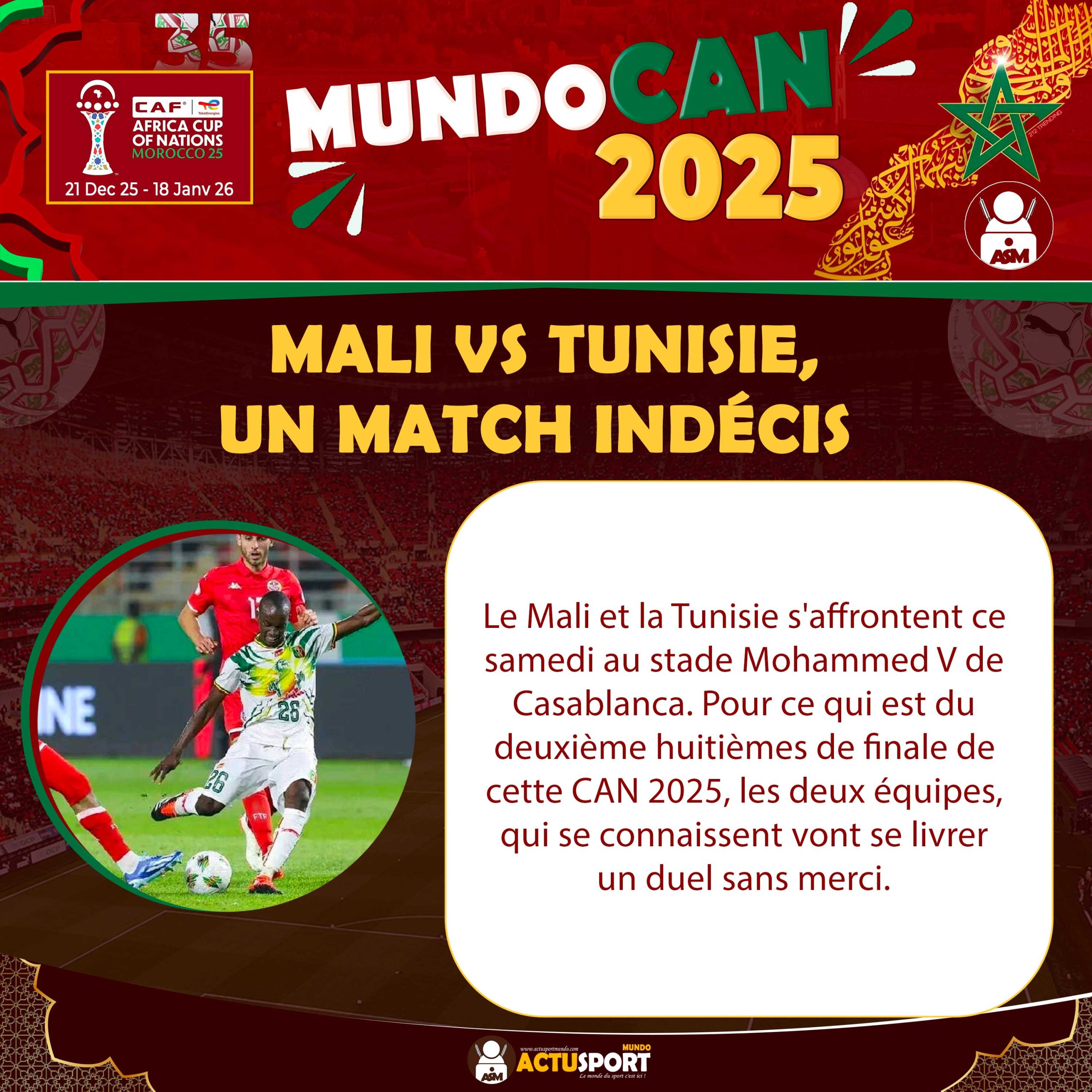 CAN 2025 – 1/8 de finale : Mali vs Tunisie, un match indécis